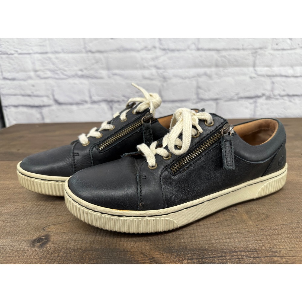 Born Paloma Black Leather Side Zip Lace Up Sneakers Women  7.5 Comfort Casual